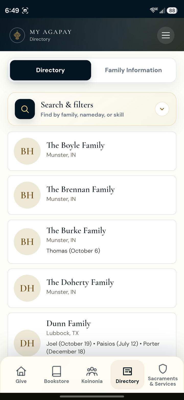 Parish directory showing member households and namedays