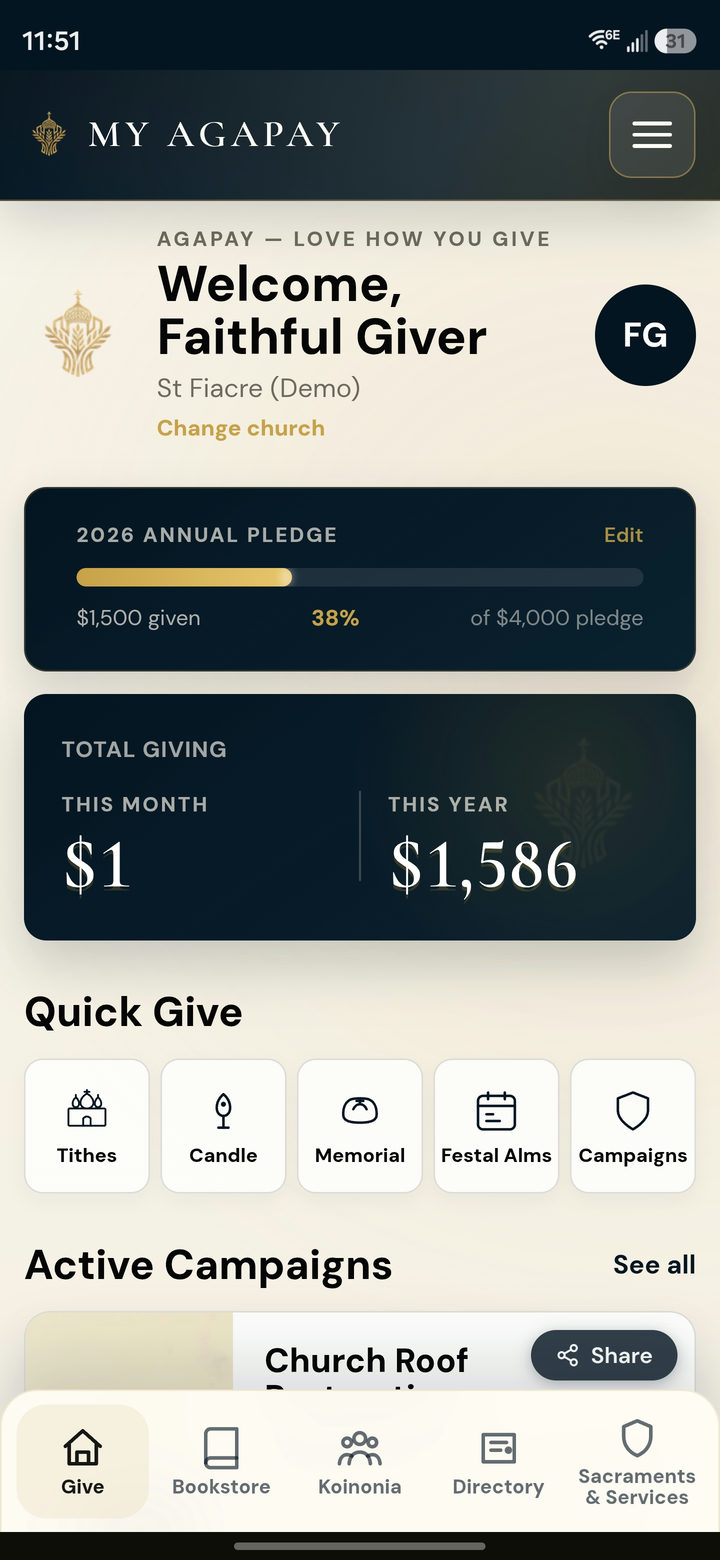 My AGAPAY Giving dashboard with annual pledge progress, monthly and yearly giving totals, and Quick Give options for tithes, candles, memorials, festal alms, and campaigns
