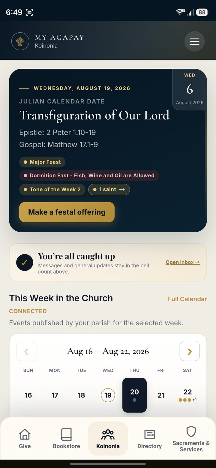 Koinonia Today and Orthodox liturgical calendar screen