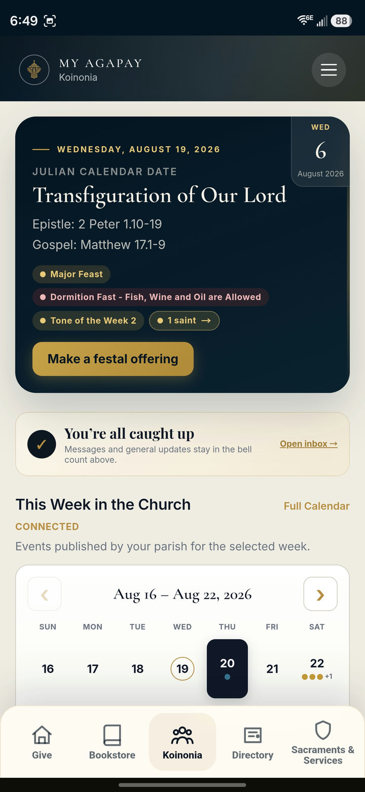 Koinonia showing the Transfiguration of Our Lord feast, fasting status, a festal offering prompt, and this week in the Church