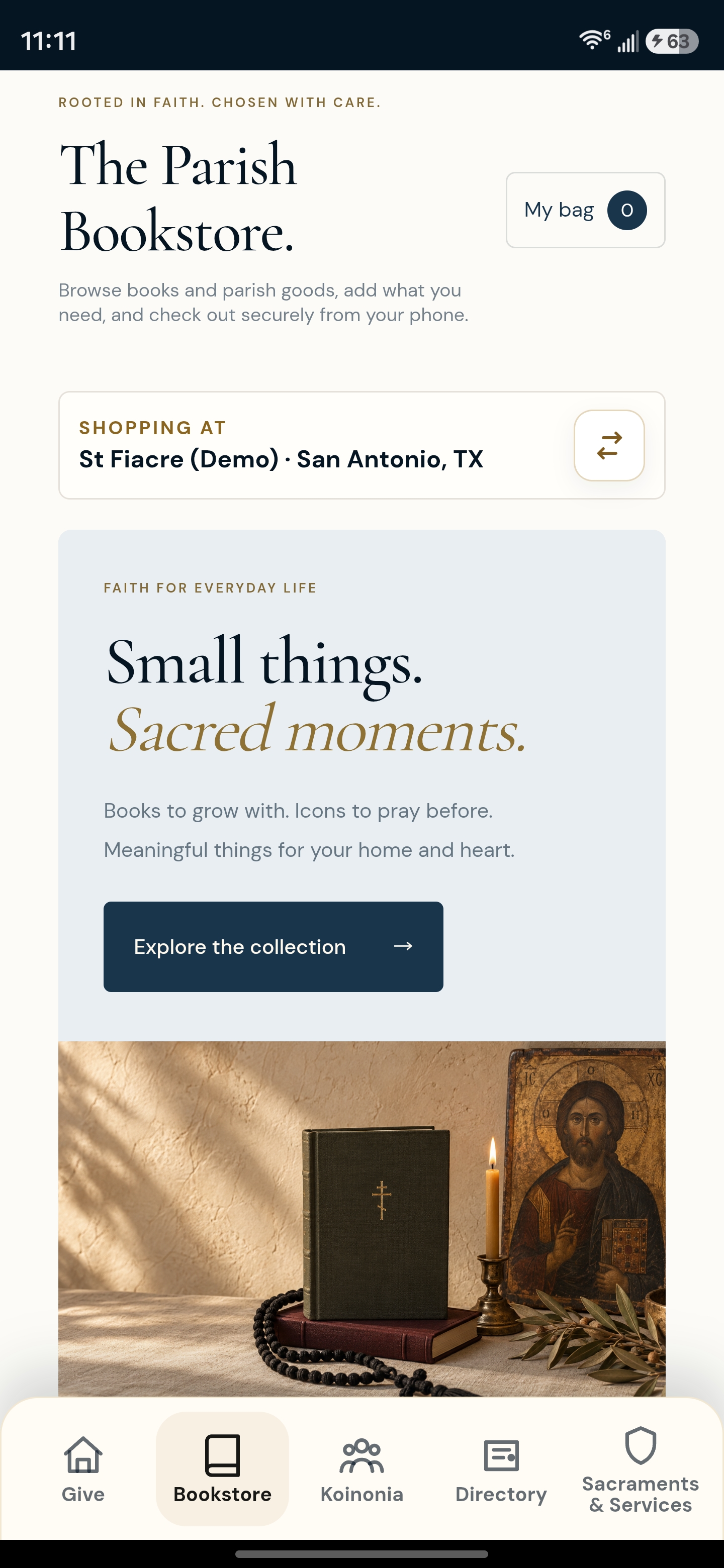 The redesigned Parish Bookstore with a shopping bag and sacred goods collection