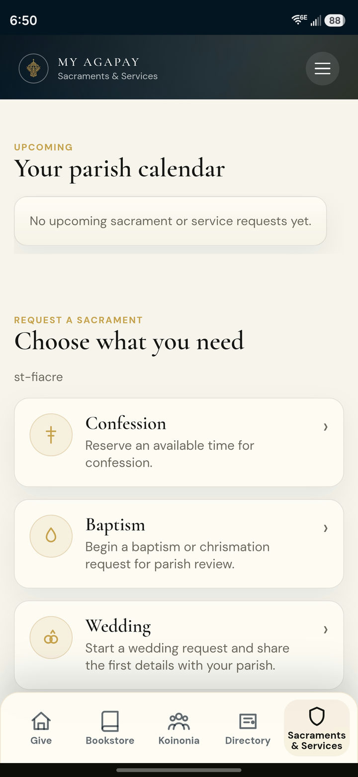 Sacraments and services screen for requesting confession, baptism, and wedding services