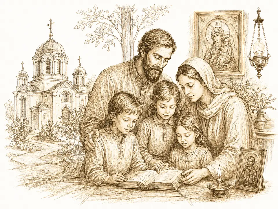 Sketch of an Orthodox family gathered together