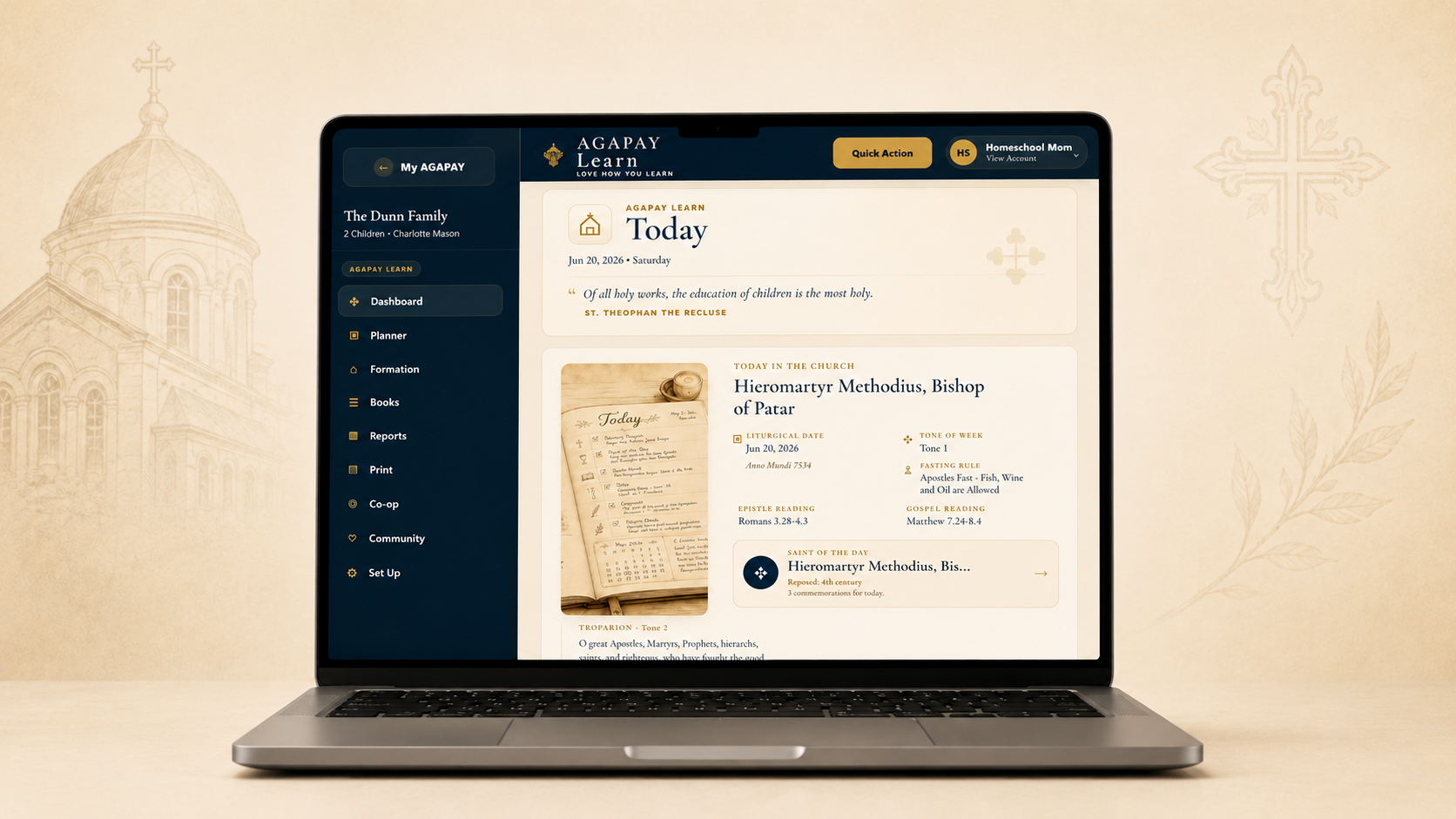 AGAPAY Learn dashboard preview showing Today, Church rhythms, household plan, and liturgical calendar